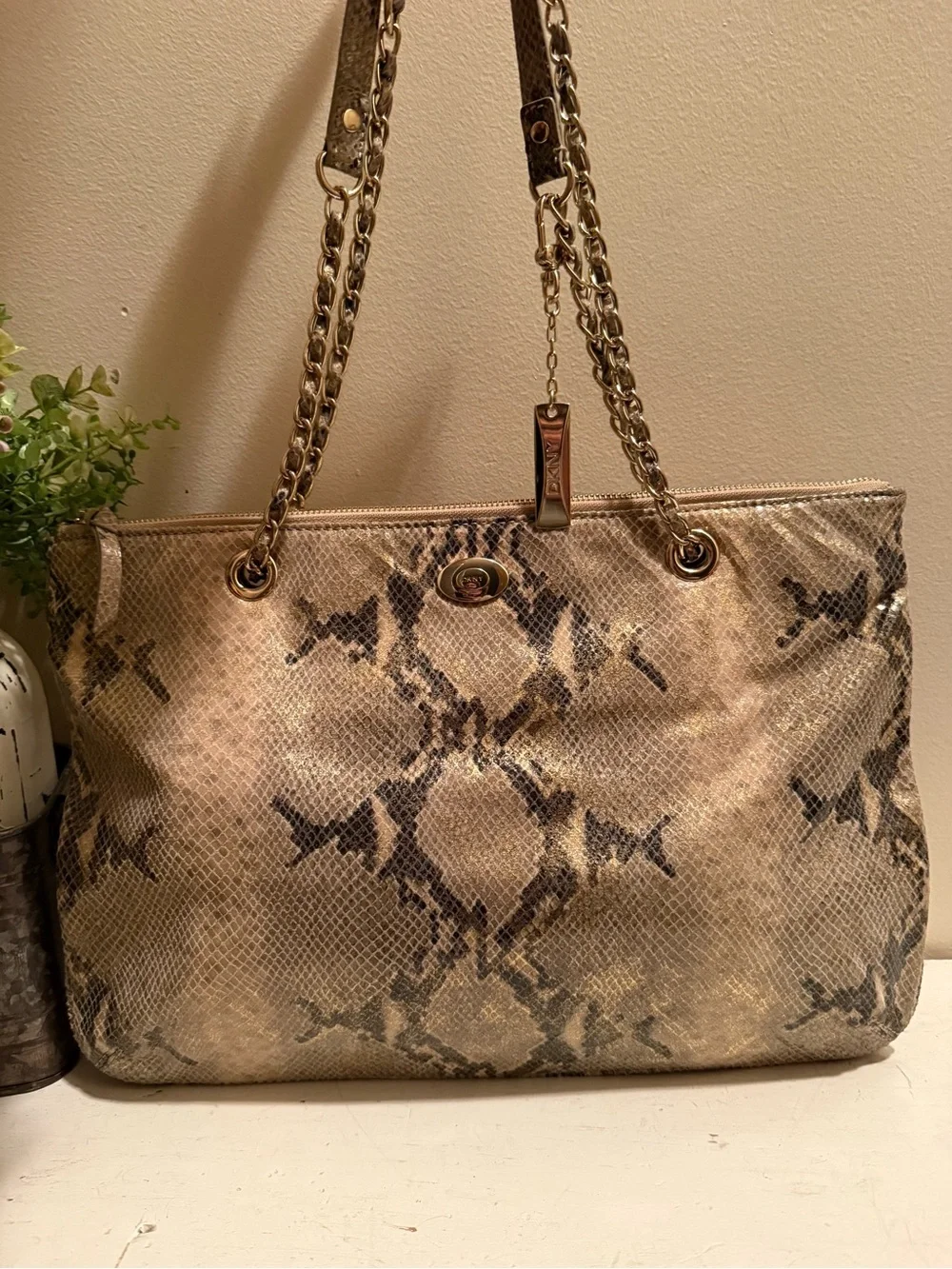 DKNY Metallic Gold Snake-Print Shoulder Bag with Chain Straps